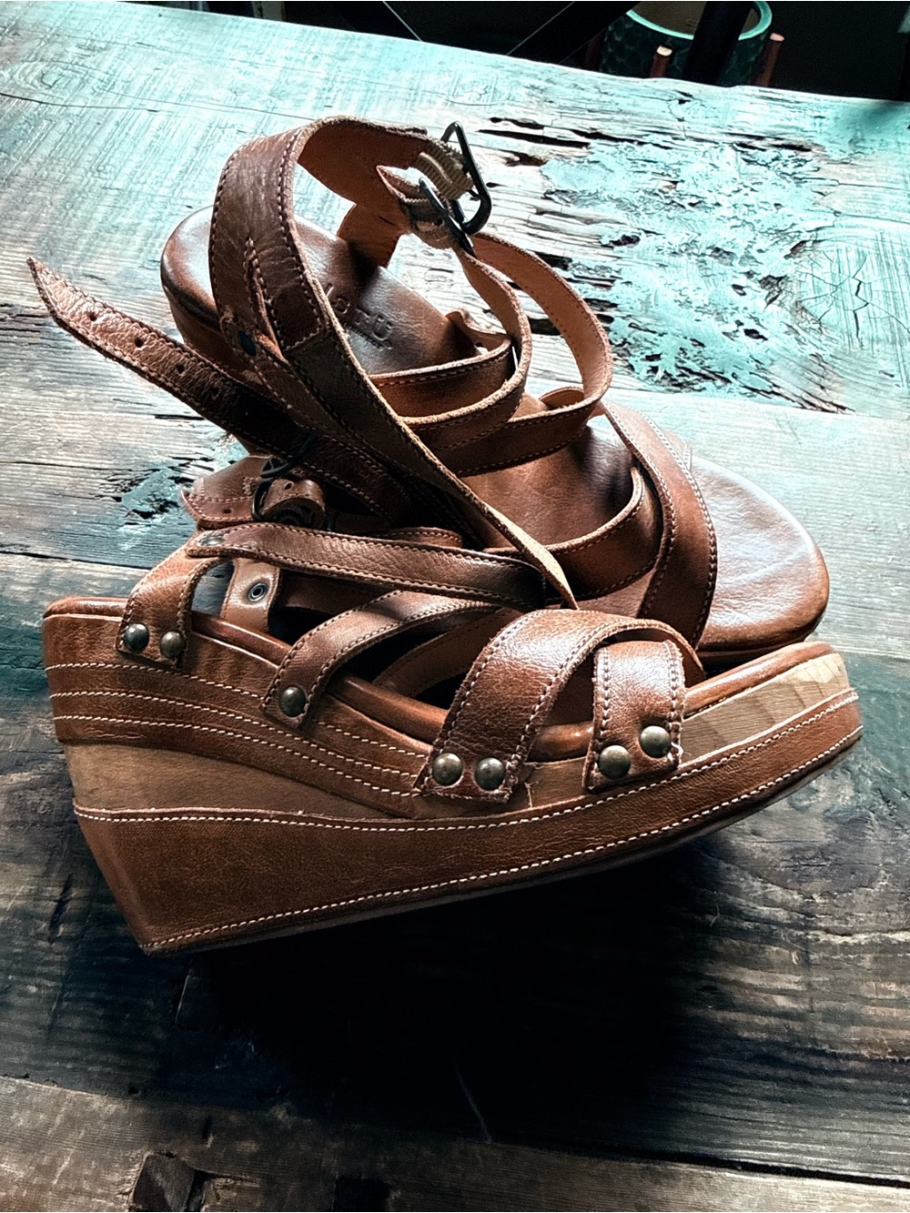 Bed Stu brown leather straps wood wedge sandals size 9